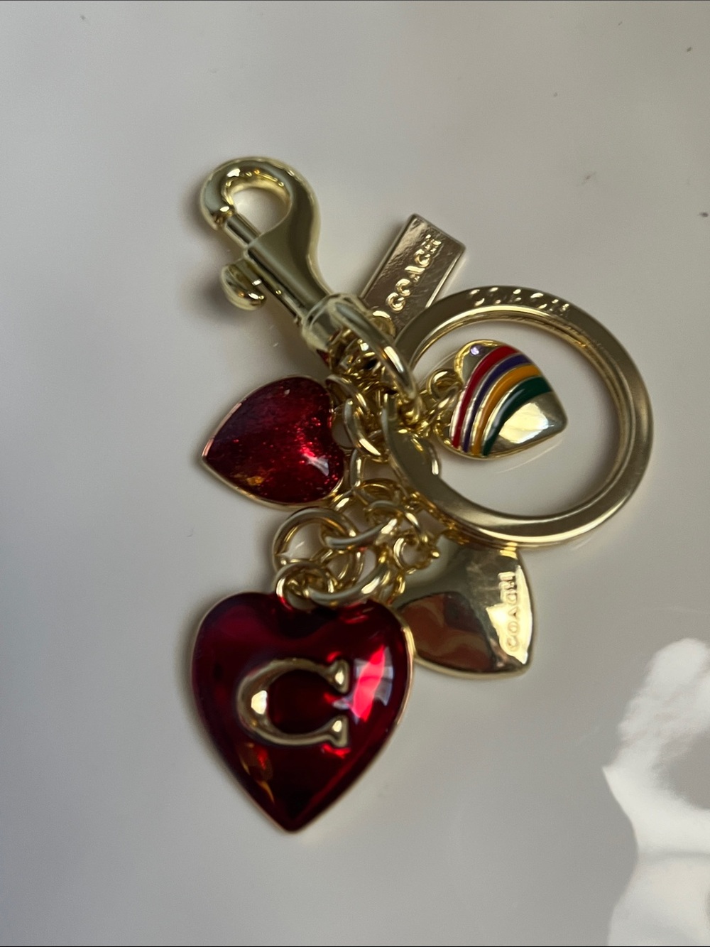 Coach Gold-Tone Key Chain with Red Heart and Rainbow Charm
